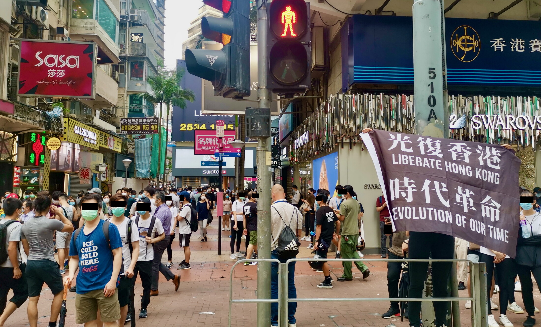 Protest with the famous banner "Liberate Hong Kong, Revolution of our time"