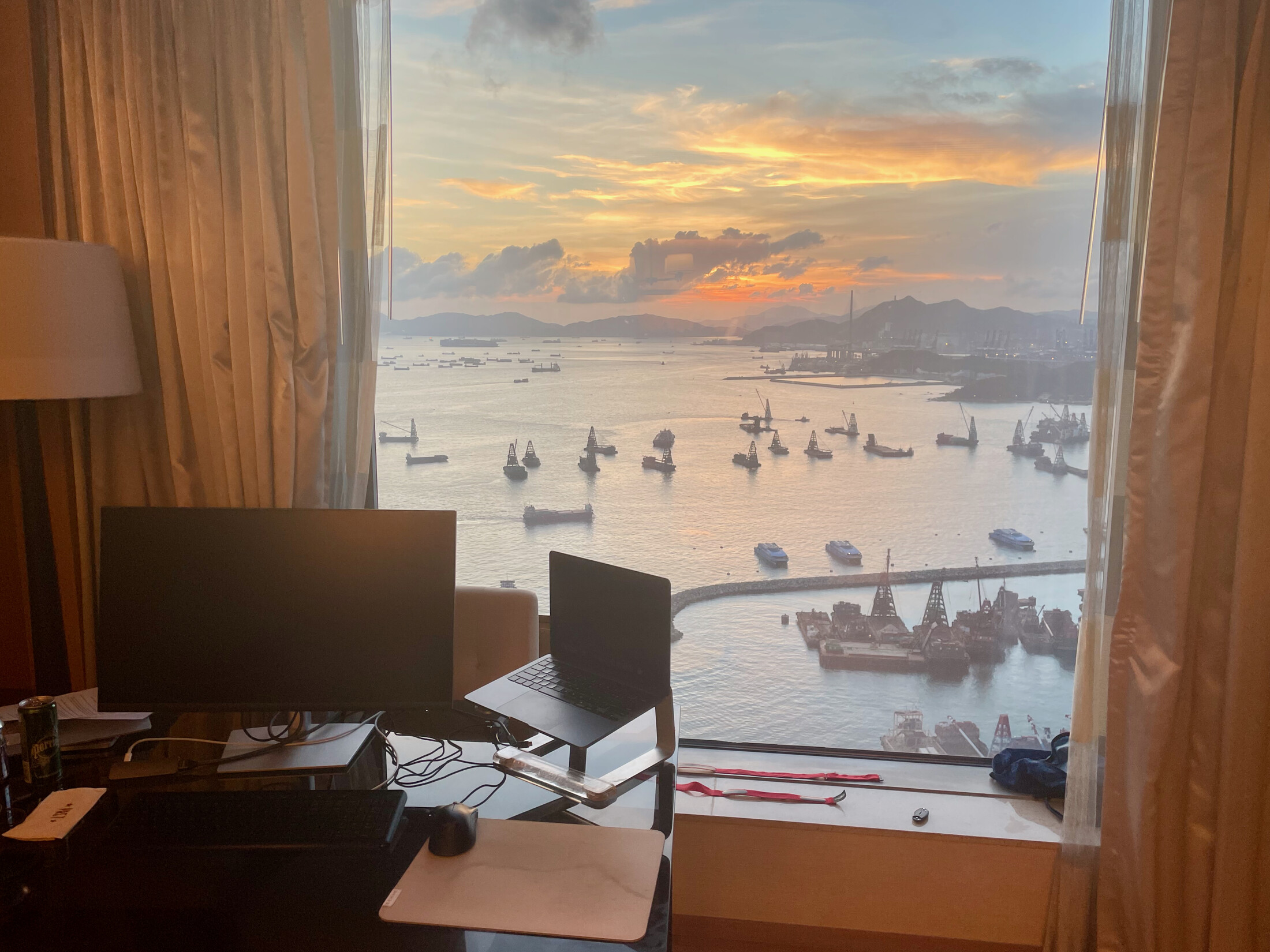 My work from home office in Kowloon, overlooking cargo ships